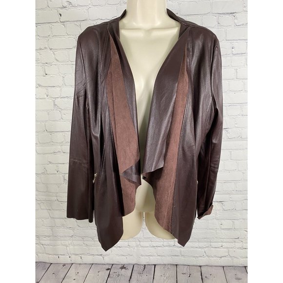 Dolce Cabo Brown Open Drapey Front Soft Vegan Leather Zipper Pockets Jacket M - Picture 1 of 10